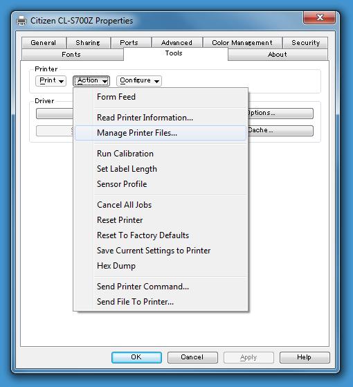 3. Go to Tools tab, [Action>Manage Printer