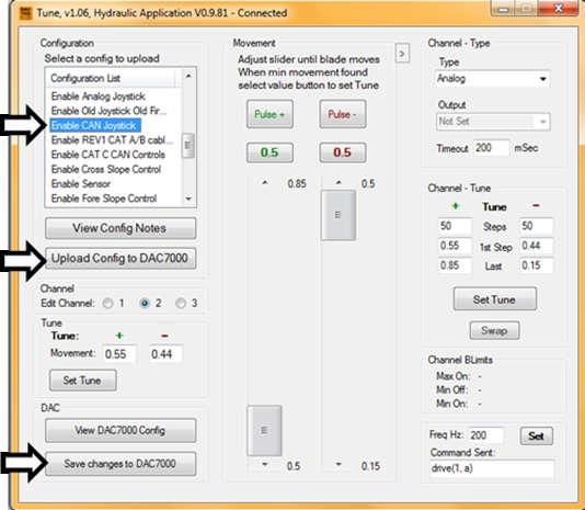 Multi-Function Joystick 28 DAC Joystick Configuration Select Menu, Device Menu, and Run DACCFG utility Setup DAC 7000 Select: Enable CAN Joystick