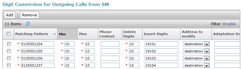 To map inbound DID numbers from CBTS to Communication Manager extensions, scroll down to the Digit Conversion for Outgoing Calls from SM section. Create an entry for each DID to be mapped.