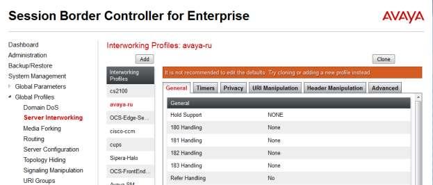 7.5. Server Interworking A server interworking profile defines a set of parameters that aid in interworking between the Avaya SBCE and a connected server.