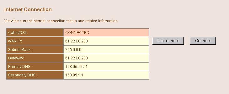 9.1. Internet Connection The Internet Connection page displays the status of the Internet Connection, including the connection status of the Internet interfaces,