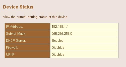9.2. Device Status The Device Status page displays the current setting of this device, including IP address, Subnet mask, DHCP