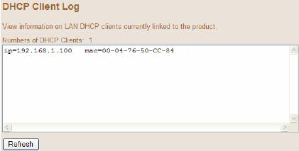 9.4. DHCP Client Log The DHCP Client Log page displays the IP addresses assigned to PCs in your network.