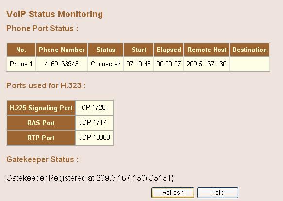 9.5. VoIP Status This page displays the gateway status, including Port type, port Status, time information of each call and