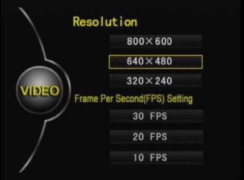 RECORDING SETTINGS - RESOLUTION Press OK. You will now see the available options for Resolution and Frame Rate, or Frames Per Second. A standard setting would be 640x480 and 30 FPS. 1.