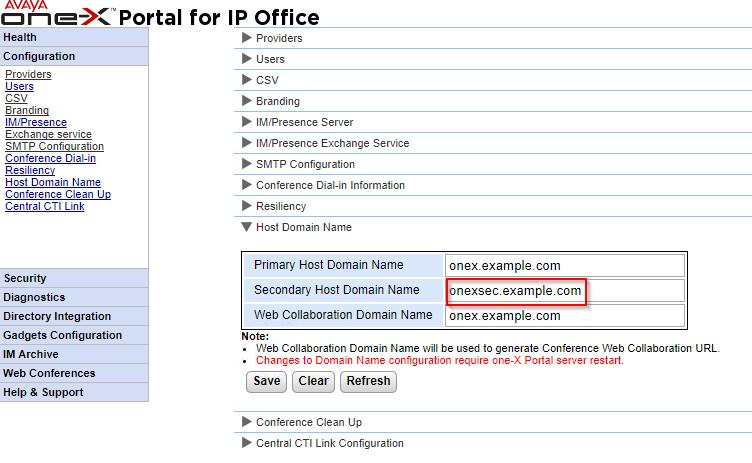 9.4 Configuring the one-x Portal for IP Office The one-x Portal for IP Office server's needs to be configured with the secondary server's domain name.