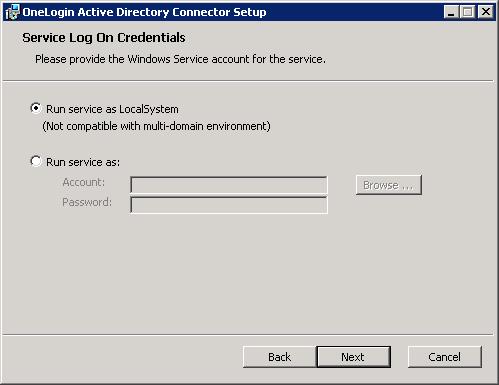 1. For Service Log On Credentials, select Run service as LocalSystem. 2.
