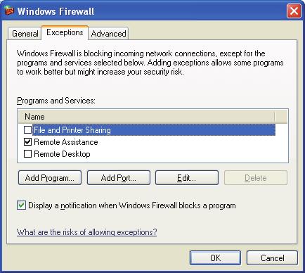 w y Returns to the [Exceptions] tab in the Windows Firewall