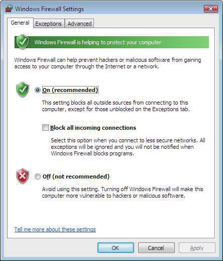 [Continue]. t The Windows Firewall Settings screen appears.