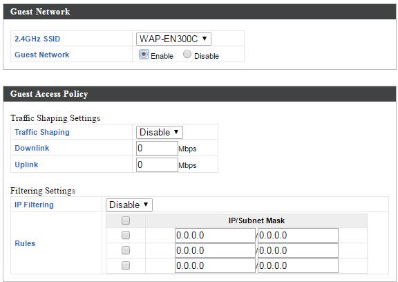 IV-3-1-5 Guest Network The Guest Network page allows you to configure a guest network that will have a Layer-3 IP Filter applied to all traffic passing through the specified SSID.