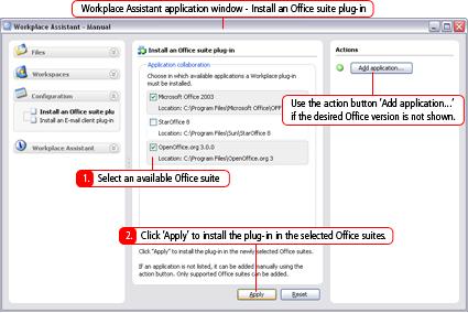 6. Select one of the available OpenOffice.org or StarOffice and /or Microsoft Office applications you wish to associate with the Workplace Assistant. 7.