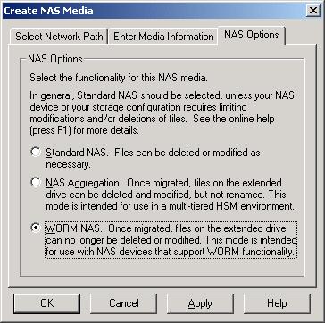The NAS options define the characteristics of how the DiskXtender should treat the NAS media. For NetApp SnapLock shares, select the WORM NAS option.