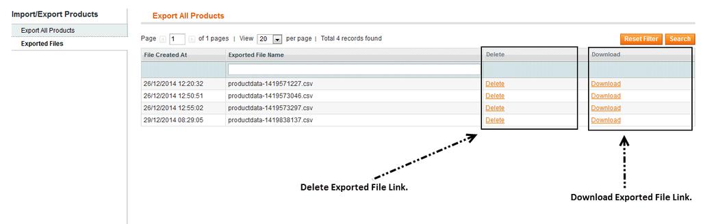 You can delete and download previously exported file from admin panel.