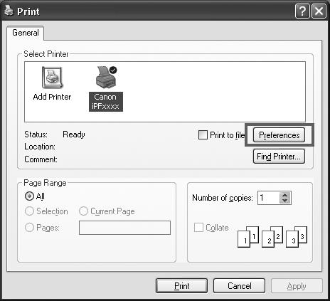 Printing from Windows Printing Print from the application software menu. 1 In the application software, select Print from the File menu to display the dialog box for printing conditions.