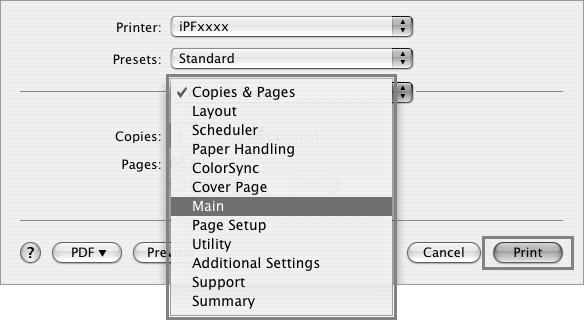 ( "Configuring the Printer Driver Destination (Macintosh)," User Manual) 1 In the application software, select Print from the File menu to display the dialog box for printing conditions.