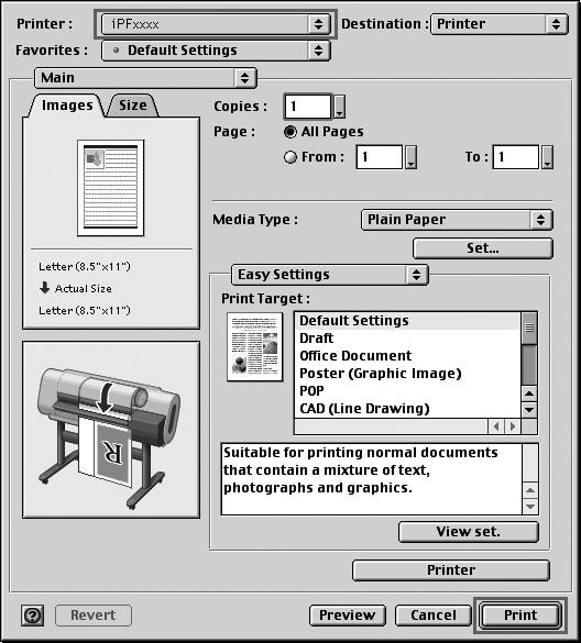 Printing from Mac OS 9 Printing After selecting the printer in Chooser from the Apple menu, print by using menus in the source application.