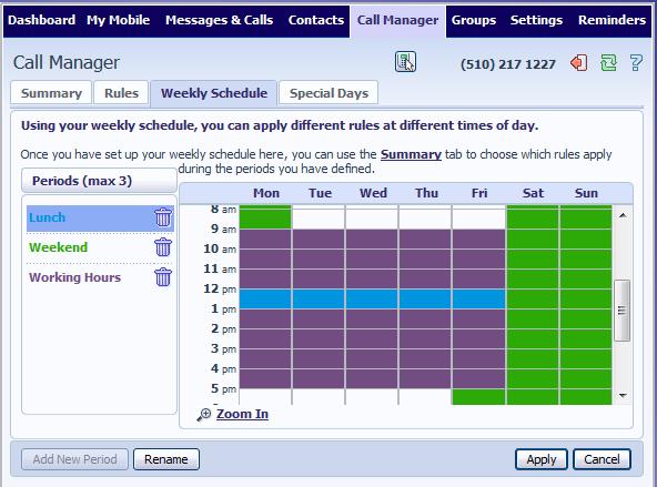6.3 Schedule Based Routing The Weekly Schedule functionality of Incoming Call Manager allows you to apply different routing rules based on time of day and day of week.