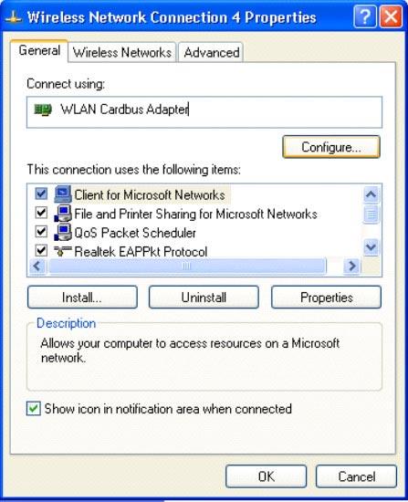 Manual Configuration in Windows XP If you wish to configure the WLAN connection manually, you need to change the NetComm NP7032 - Wireless LAN PC Card properties in the