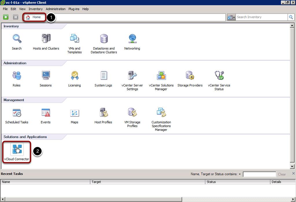 Launch VMware vcloud Connector 1. At the top left of the screen click the Home button. 2.
