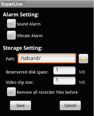 Config interface Information view Alarm setting Tick off Sound Alarm, when Video Storage setting Path Reserved disk space Video clip size Remove all recorder files before