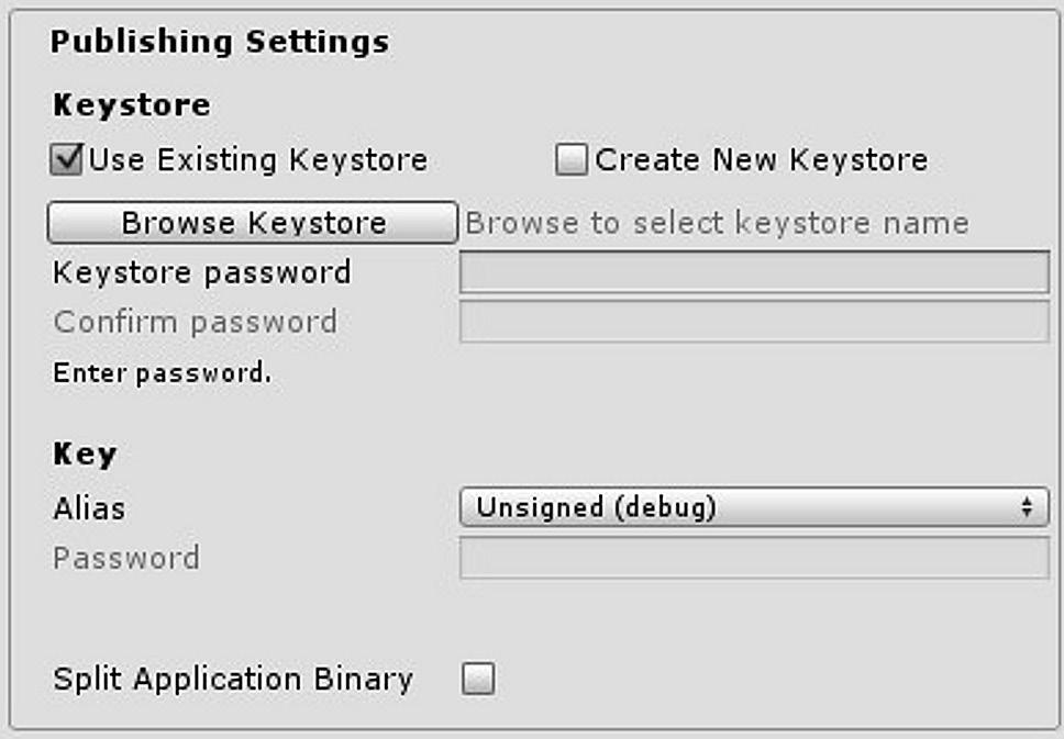 Moving to Mobile 135 ed ht ig yr op FIGURE 9.4 Before distributing a game, we need to sign it with a key. We can use an existing one (providing its password) or create a new one directly from Unity.