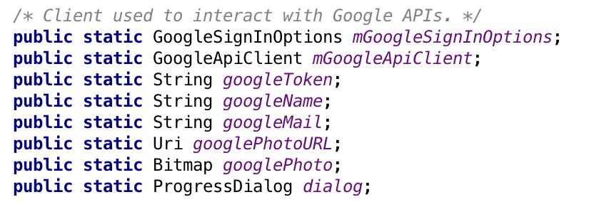 CoffeeMateApp (Application) Here we declare our GoogleSignInOptions and GoogleApiClient references