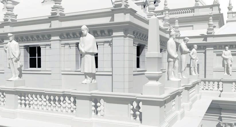 Almost every geometry could be modeled with ARCHICAD. Very complex elements, like the statues, were created in other software and then imported into ARCHICAD as triangulated 3D surfaces (Meshes).