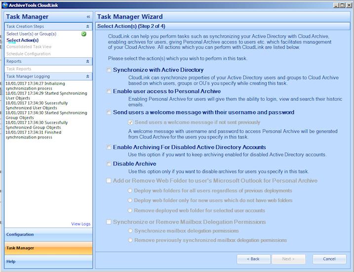 Creating CloudLink tasks for Google Sync Selecting the actions for a Google Sync task to perform 45 Selecting the actions for a Google Sync task to perform The Select Action(s) step of the CloudLink