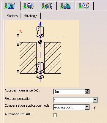Sequential Axial Operation: Strategy (9/9) You will now see the second sub-tab page. Strategy: It allows you to define machining parameters. A. Approach clearance: It defines the safety distance along the tool axis for approaching the hole reference.
