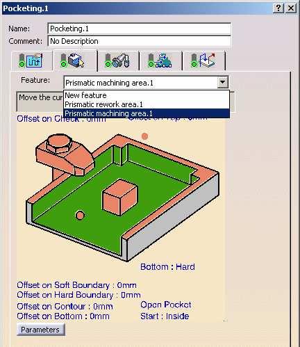 Using Prismatic Machining Area for Pocketing Operation To perform a Pocketing Operation, click the Pocketing icon and instead of selecting a new feature, now you can use the