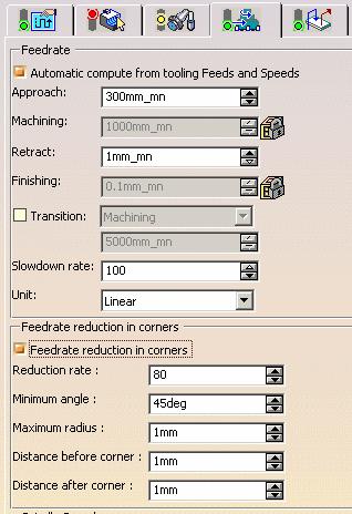 Pocketing Operation: Feeds and Speeds (1/2) Feedrate Reduction in Corners: You can reduce feedrates in corners encountered along the tool path depending on the values given in the Feeds and Speeds