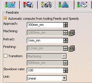 Pocketing Operation: Feeds and Speeds (2/2) Slowdown Rate Option: You can use Slowdown Rate in the Feeds and Speeds tab page to reduce the current feedrate by a given percentage.