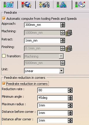 Profile Contouring Operation: Feeds and Speeds Feedrate Reduction in Corners: You can reduce feedrate in corners encountered along the tool path depending on values given in the Feeds and Speeds tab