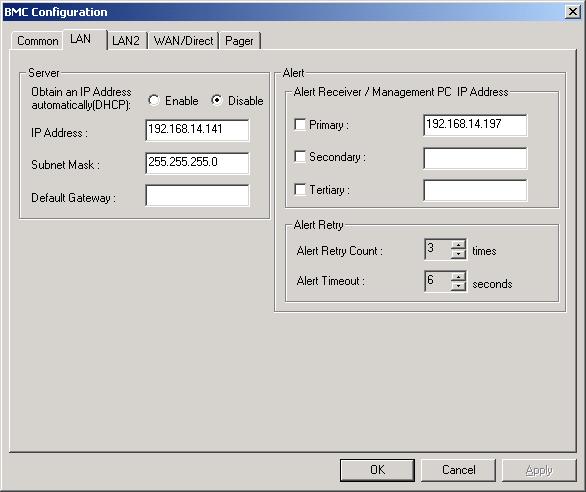 Select "LAN" tab page for LAN port 1 of the BMC. Set the below items. The other items can be used with the default values.