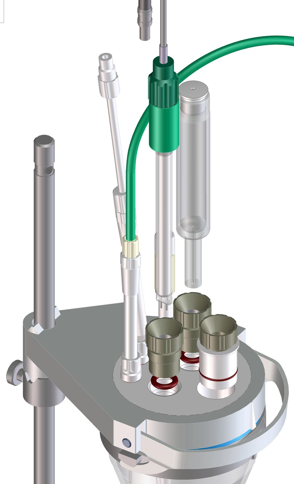 3 Installation 6 Screw the 6.1805.200 PTFE M8 tubing of the solvent bottle onto the dosing tip. Inserting electrode, adsorber tube and septum stoppers 6.2104.020 5 6 6.1403.040 4 6.0338.100 6.2730.