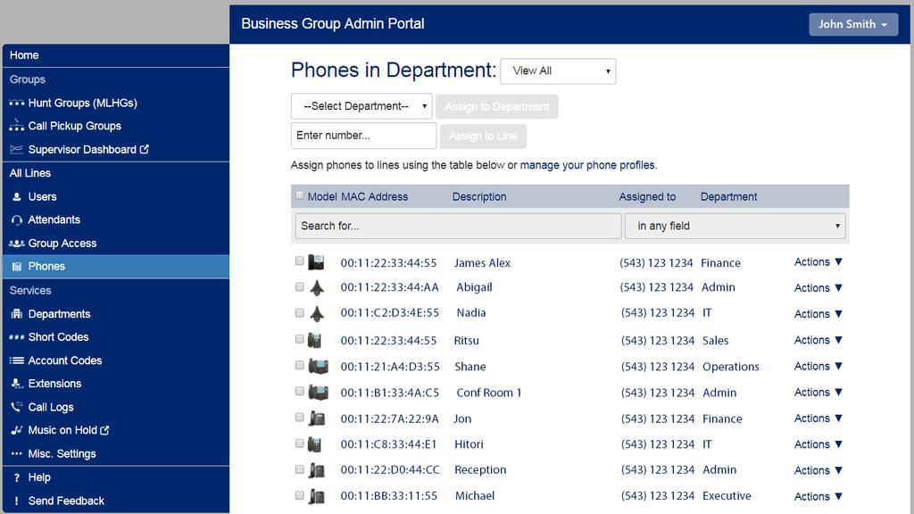 34 AirePBX CommPortal Guide 4.3.2 Business Group Phones BG Administrators can assign phones to lines in the Department or Business Group, and click a link to launch the CommPortal Phone Configurator