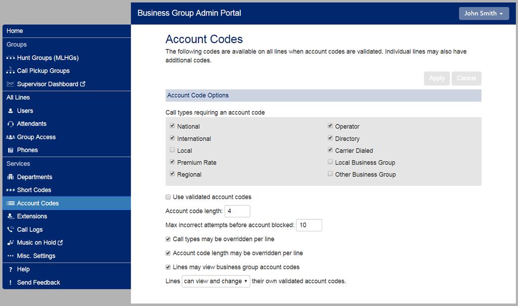 AirePBX CommPortal Guide 37 4.4.3 Business Group Account Codes The BG Administrator can configure the Business Group s Account Code settings, and create and edit a list of Validated Account Codes.