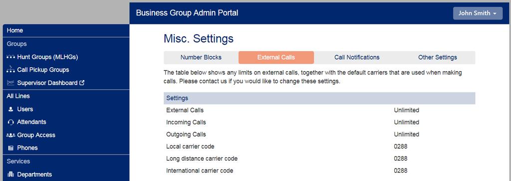 AirePBX CommPortal Guide 41 Figure 30: Business Group External Calls Settings screen Call Notifications The BG Administrator can use the Call Notifications screen to enable or disable Emergency Call