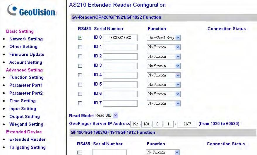 2.2.1 Defining Readers on GV-AS Controller Web Interface Since multiple readers can connect to GV-AS Controller using one RS-485 interface, you need to specify which door each reader controls.