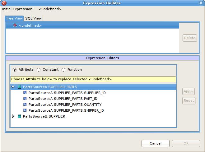 Chapter 4. Creating and Editi... Figure 4.18. Expression Builder The two tabs at the top, Tree View and SQL View, show the current contents of the expression you have built.