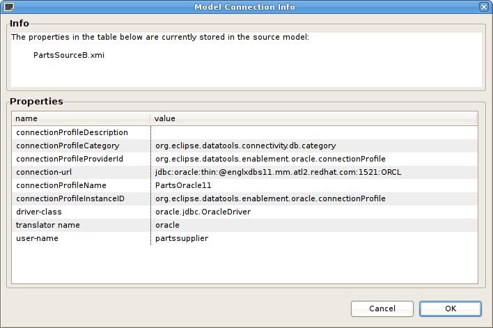 Chapter 7. Testing Your Models Figure 7.1. Connection Profile Information Dialog Note that if a source model has no associated connection profile the following dialog will be displayed. Figure 7.2.