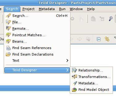 Chapter 8. Searching 8.1. Finding Model Objects The Teiid Designer provides a name-based search capability to quickly locate and display model objects.