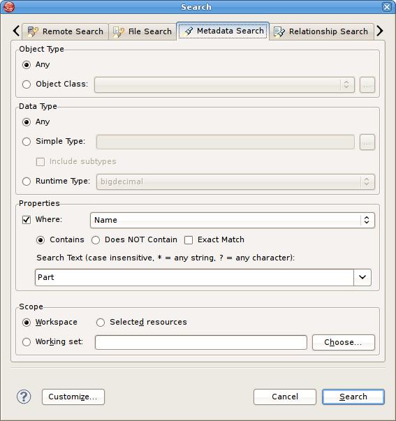 Chapter 8. Searching Figure 8.7. Metadata Search Dialog Step 2 - Specify desired search options for Object Type, Data Type and Properties. Step 3 - Click Search.