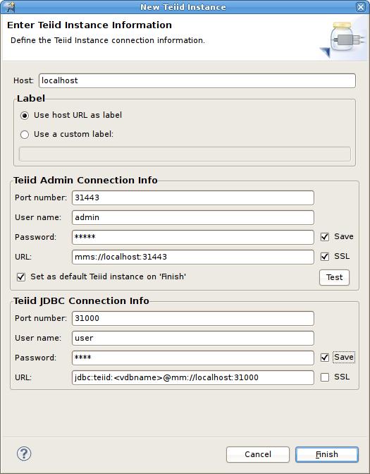 Chapter 10. Teiid Designer Ui... Figure 10.14. New Teiid Instance Dialog The dialog contains two three sections.