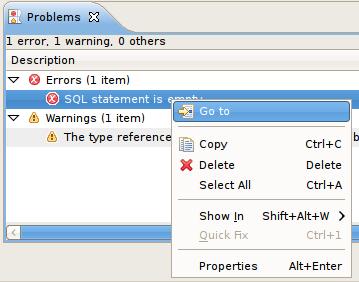 Chapter 10. Teiid Designer Ui... Figure 10.25. Problems View Context Menu Go To - will open the appropriate editor and select the affected/referenced object.