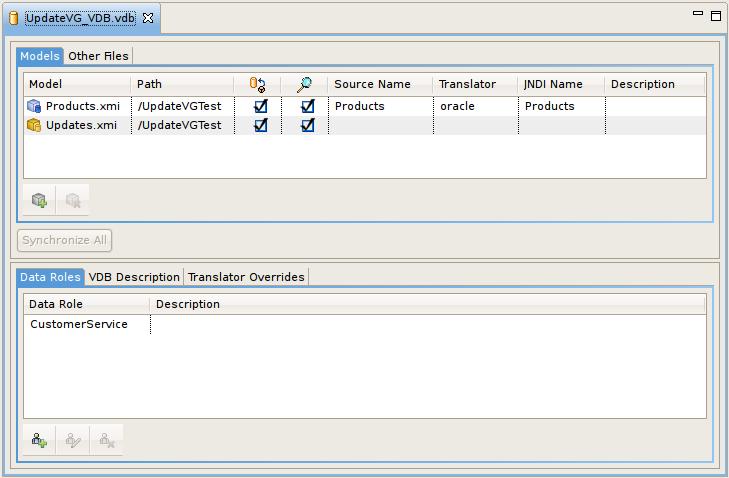 VDB Editor Figure 10.51. VDB Editor You can manage your VDB contents by using the Add or Remove models via the buttons at the right.