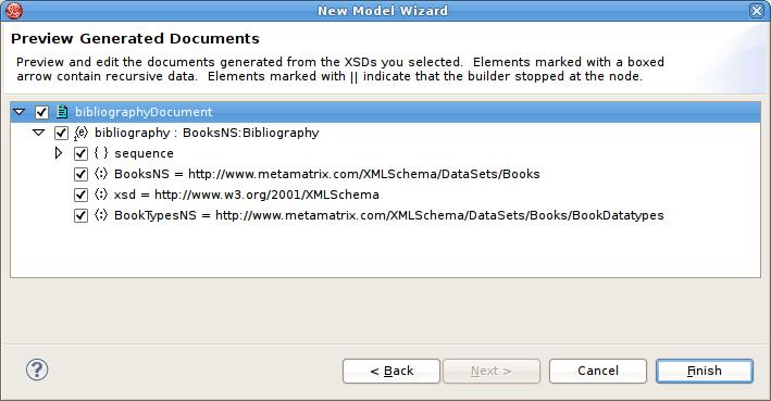 Chapter 2. New Model Wizards Figure 2.10. Preview Generated Documents Dialog 2.4. Creating XML Schema Model Create XML Schema Model To create a new empty xml schema (.