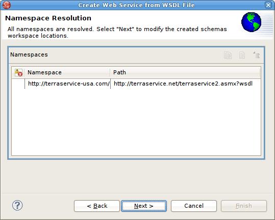 Import WSDL From URL Figure 3.55. Namespace Resolution Dialog Step 6 - The next page is titled Schema Workspace Location Selection.