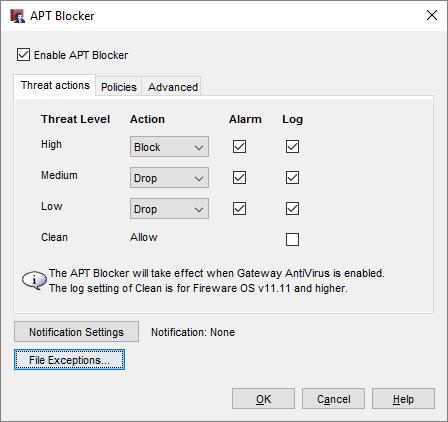 73 File Exceptions The File Exceptions option has moved from the Subscription Services menu to a button within each of these services: APT Blocker Gateway AV