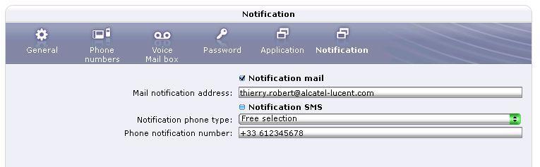 Message notification section Depending on the rights granted by your administrator, you can receive e-mail and/or an SMS notifications each time you receive a new voice message.